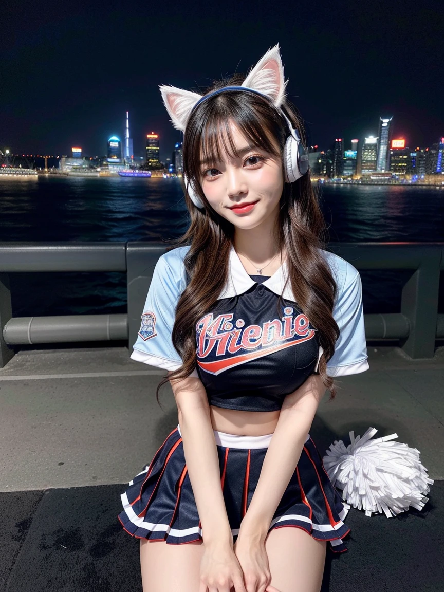 Full body photo、whole、最high quality, masterpiece, 32k、Very detailed、Realistic、1 Girl, Japanese women、Cute face, (photo Actual:1.3), Edge lighting, (Skin with attention to detail:1.2), 8K超High resolution, Single-lens reflex camera, high quality, High resolution, 4K, 8K, Optimal ratio of four fingers to one thumb, (Actual:1., smile、自然なsmile、Baseball Cheerleader Costumes(black、Light blue line design、Japanese professional baseball cheerleaders)、Cat ear headphones(ピンク色のネオンCat ear headphones)、cute 1 Girl, Realistic、Super Realistic、32k、Very detailed、masterpiece, 最high quality, beautiful girl, beauty、 Mecha, Beautiful lighting, Sitting,Cyber Neon、Future City、Skyscraper、City Night、Shanghai、Metropolis、Night view、綺麗なNight view