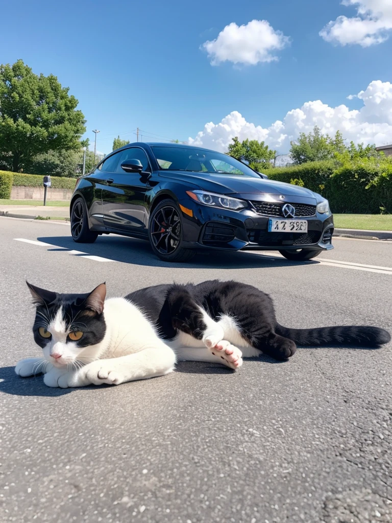 Parking scene with a cat lying on the tire under a blue sky and sunny weather