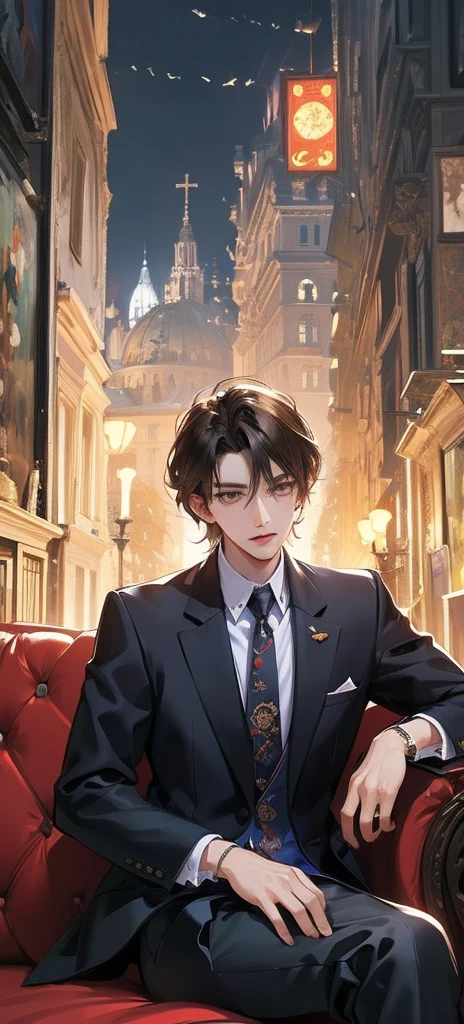 (absurd, high resolution, Extremely detailed, Practical, ), 1 male, Solitary, aldult, Mature, Tall muscular man, ,Sitting on the sofa,Cross-legged, Broad shoulders, Handsome, Very short hair, Black Hair, Brown eyes, Angle jaw, Thick neck, Thick eyebrows, night, dark, the night view of the city background, Formal suit, tie, Upper Body
