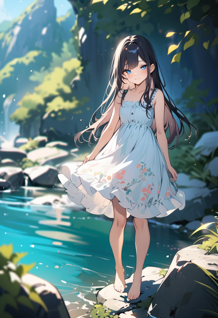 1 girl, 18 years old, long hair, black hair, straight hair, short bangs above brows, half closed eyes, blue eyes, warm smile, 
BREAK (masterpiece), (high resolution 8K), cinematic lighting, professional lighting, detailed eyes and face, detailed body, 
BREAK botanical pattern sundress, bare foot, standing, 
BREAK blurred background, depth of field, in summer, outdoors, nature, water, gorge, clear stream, mossy rocks, blue sky,