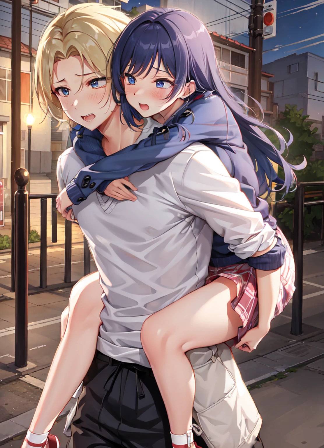 1girl, 1boy, carrying, piggyback, outdoors, breast, sad, flustered, evening, night, alley,