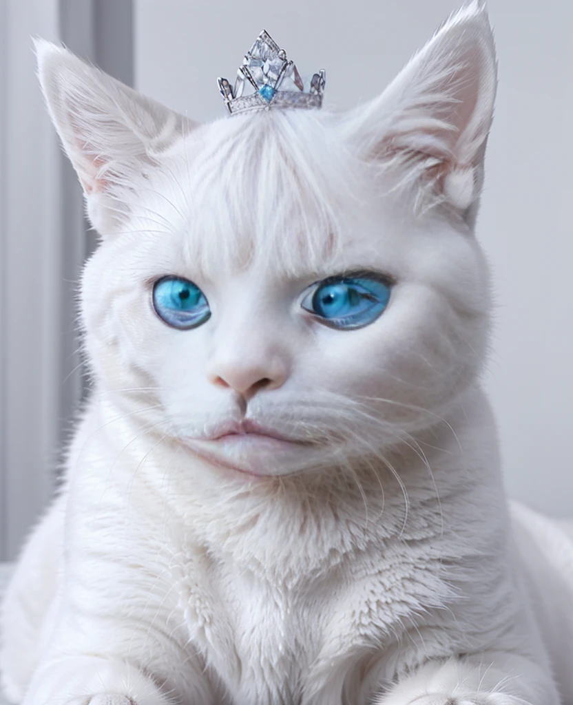 Create a realistic cat, Who is wearing a diamond crown, he is in a white room, jewels around you, realisticeyes, realistic white fur, PICTURE REALISTIC, cat with blue eyes