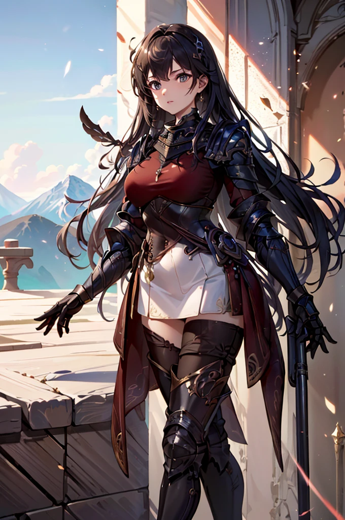 mountain, One Hand in Pocket, hxarmour, 1girl, (brown armour:1.3), ultra-detailed, extremely delicate and beautiful, (by exquisite colors block), masterpiece, best quality, unreal engine 5 rendering, movie light, movie lens, movie special effects, detailed details, HDR, UHD, 8K, CG wallpaper.