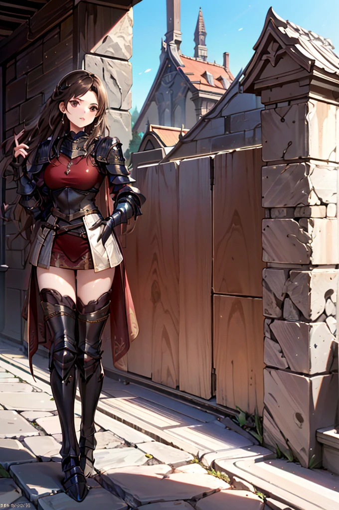 mountain, One Hand in Pocket, hxarmour, 1girl, (brown armour:1.3), ultra-detailed, extremely delicate and beautiful, (by exquisite colors block), masterpiece, best quality, unreal engine 5 rendering, movie light, movie lens, movie special effects, detailed details, HDR, UHD, 8K, CG wallpaper.