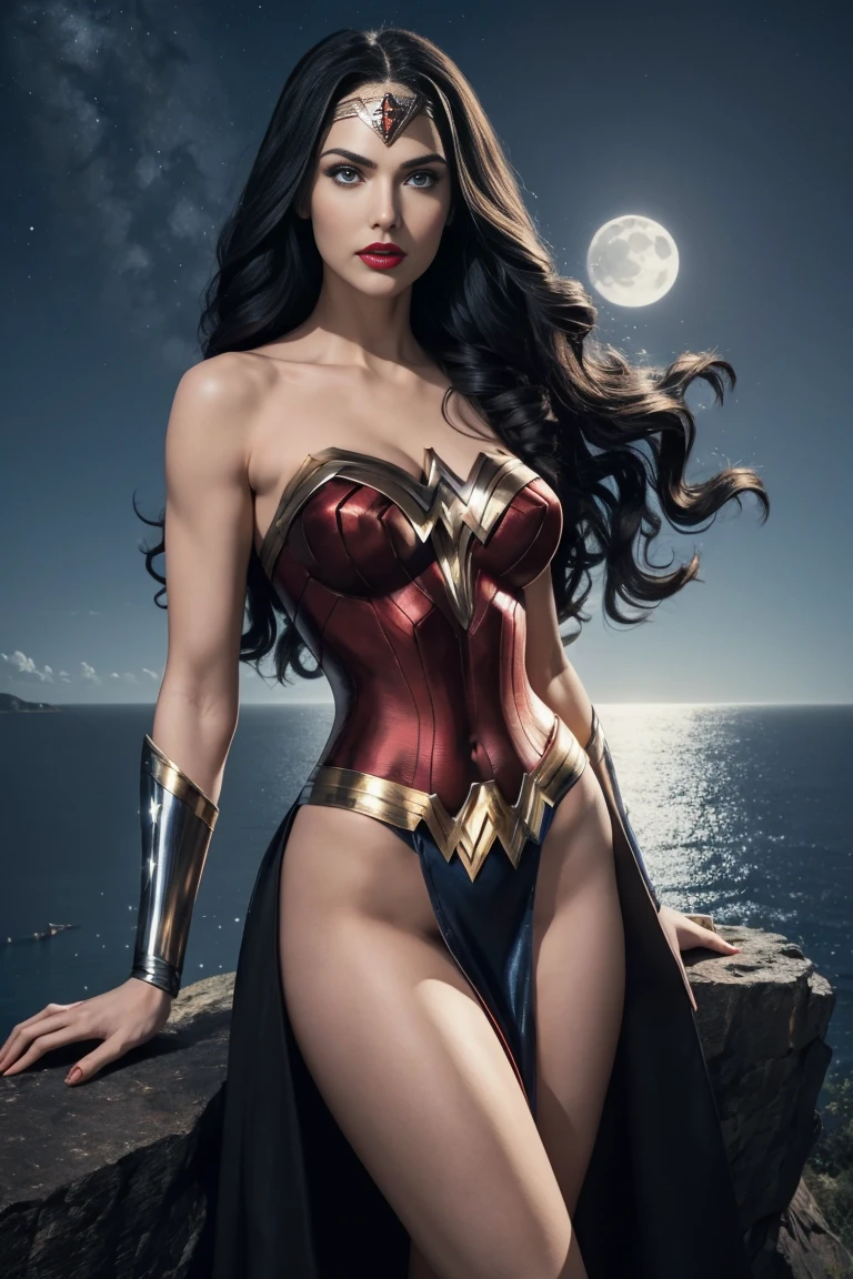 full body beautiful sexy sensual nun superheroine Wonder Woman black long hair, enchanting big blue eyes, white skin, red lips, slim muscular aristocratic body, big round breasts, long thighs, thin waist, standing on top of a cliff and looking into the distance at night in the moonlight