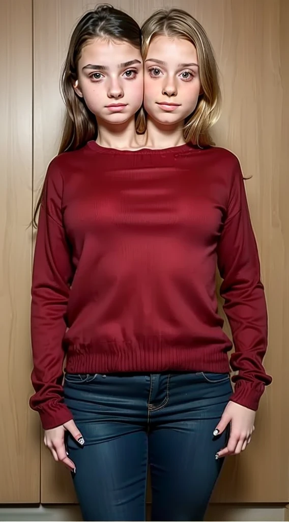2heads, two headed girl, (one head 12 year old girl:1.5), (one head 16 year old girl:1.5)