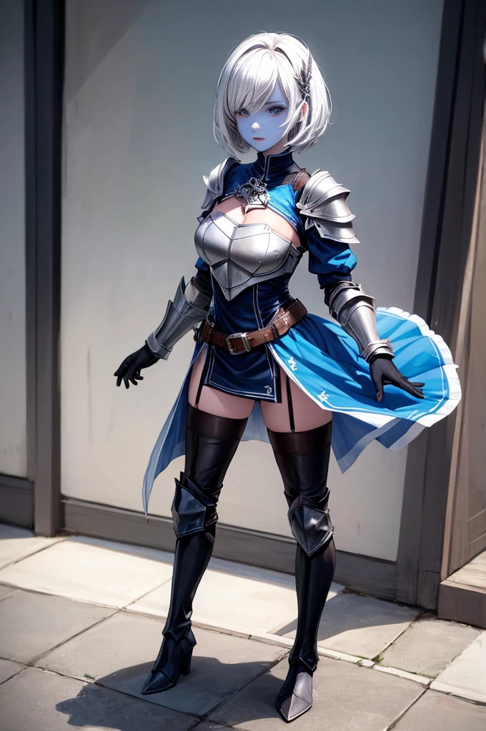 full body, def_effie, blue breastplate, blue skin, looking at viewer, shiny,armor, thighhighs, high boots,shoulder armor, faulds, poleyn, gloves, gauntlets,