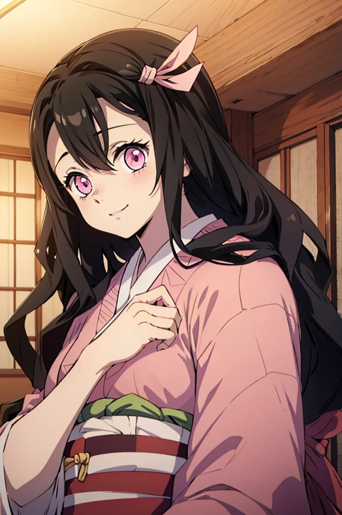 (masterpiece:1.3), (best quality:1.1), (8k, ultra detailed, ultra high res:1.2), ((anime style)), perfect 5 fingers, perfect anatomy,
1girl,
Kamado Nezuko,
BREAK long hair, wavy hair,
black hair,
pink eyes, empty eyes,
ribbon,
small breasts,
BREAK japanese clothes, pink kimono, brown haori, obi,
smile,
looking at viewer,
upper body, eating cream puff, wariza,
perfect light, indoor, inside, Japanese-style Room,