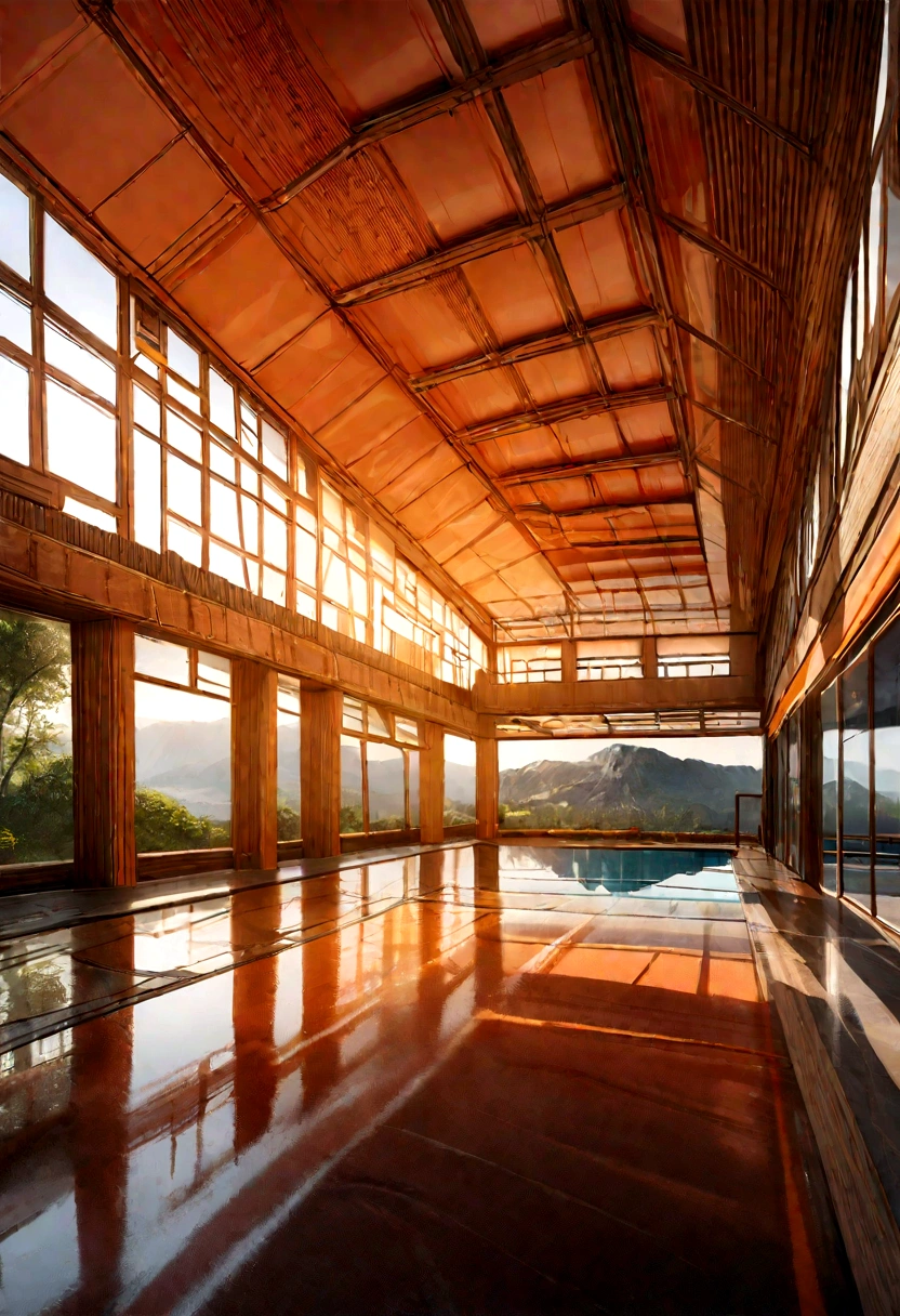 An orange house with futuristic technology，3-story building，Against the mountains，Overlooking the lake，huge pool，modern architectural style， hyper detailed photo，build，complicated，shadowing, high-range dynamics (high dynamic range)，dynamic lighting, photorrealistic, naturals, smooth light, H low, Masterpiece artwork, 8K detailed，There are a lot of orange details，large comfortable orange sofa, oversized, Floor-to-ceiling glass，A combination of technology and nature，Tem um look super legal，