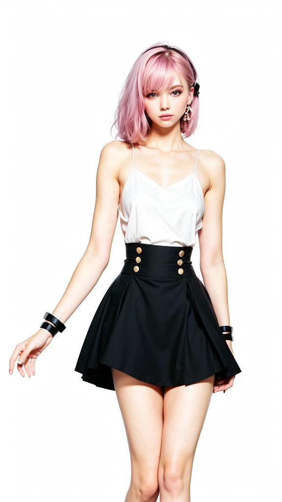 1 girl, short hair, pink purple color hair, green eyes color, white suit, black mini skirt, beautiful girl, sweet girl, sexy girls, ultra detail, realistic, cosplayer, 80 mn lens