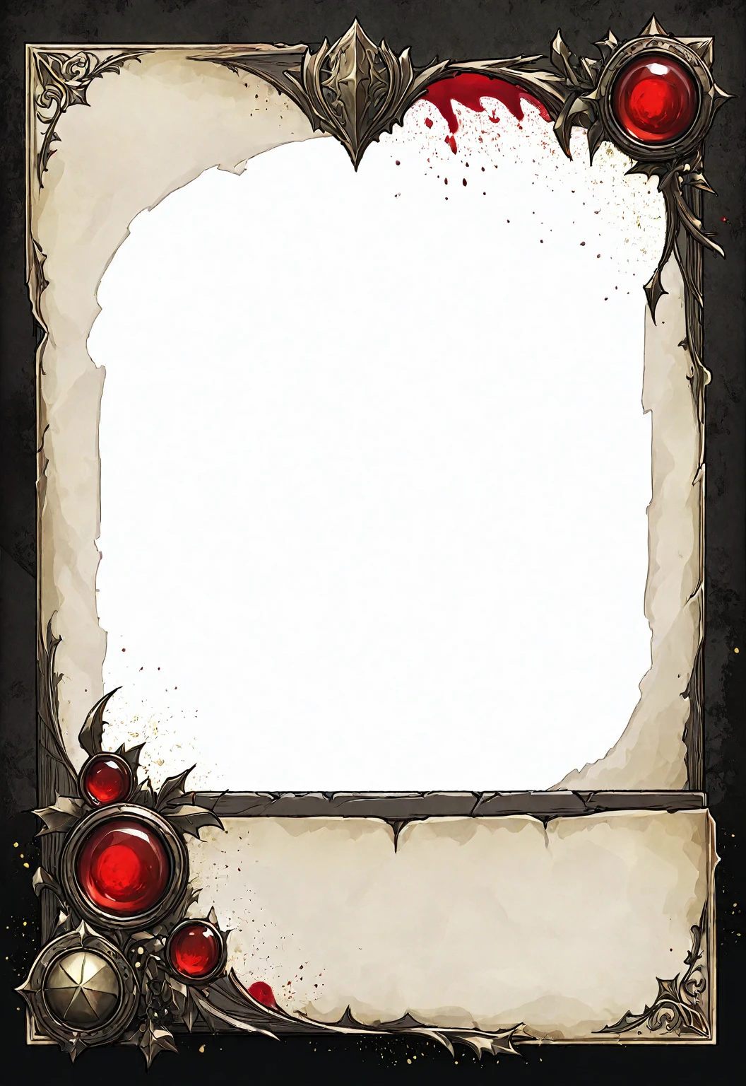 A card border UI，Medieval European fantasy style，Suspense style，Profile Style。Leave a square blank space in the middle，Parchment backing，There are blood stains on it。Black and White、yellowish、Dark red main color。