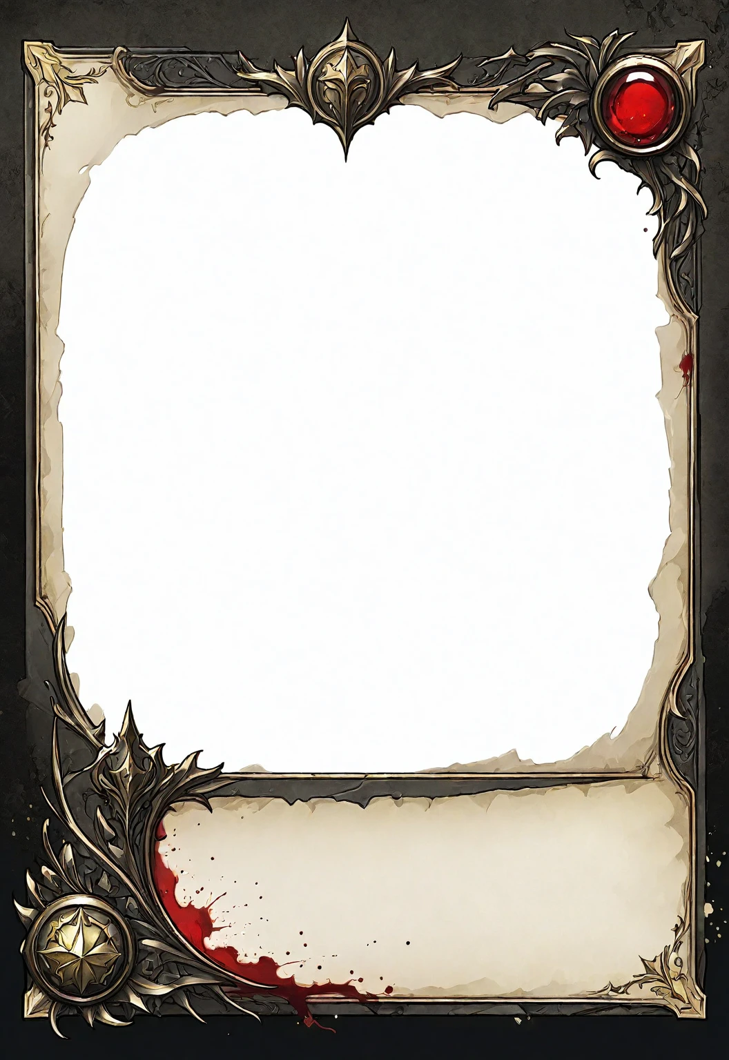 A card border UI，Medieval European fantasy style，Suspense style，Profile Style。Leave a square blank space in the middle，Parchment backing，There are blood stains on it。Black and White、yellowish、Dark red main color。