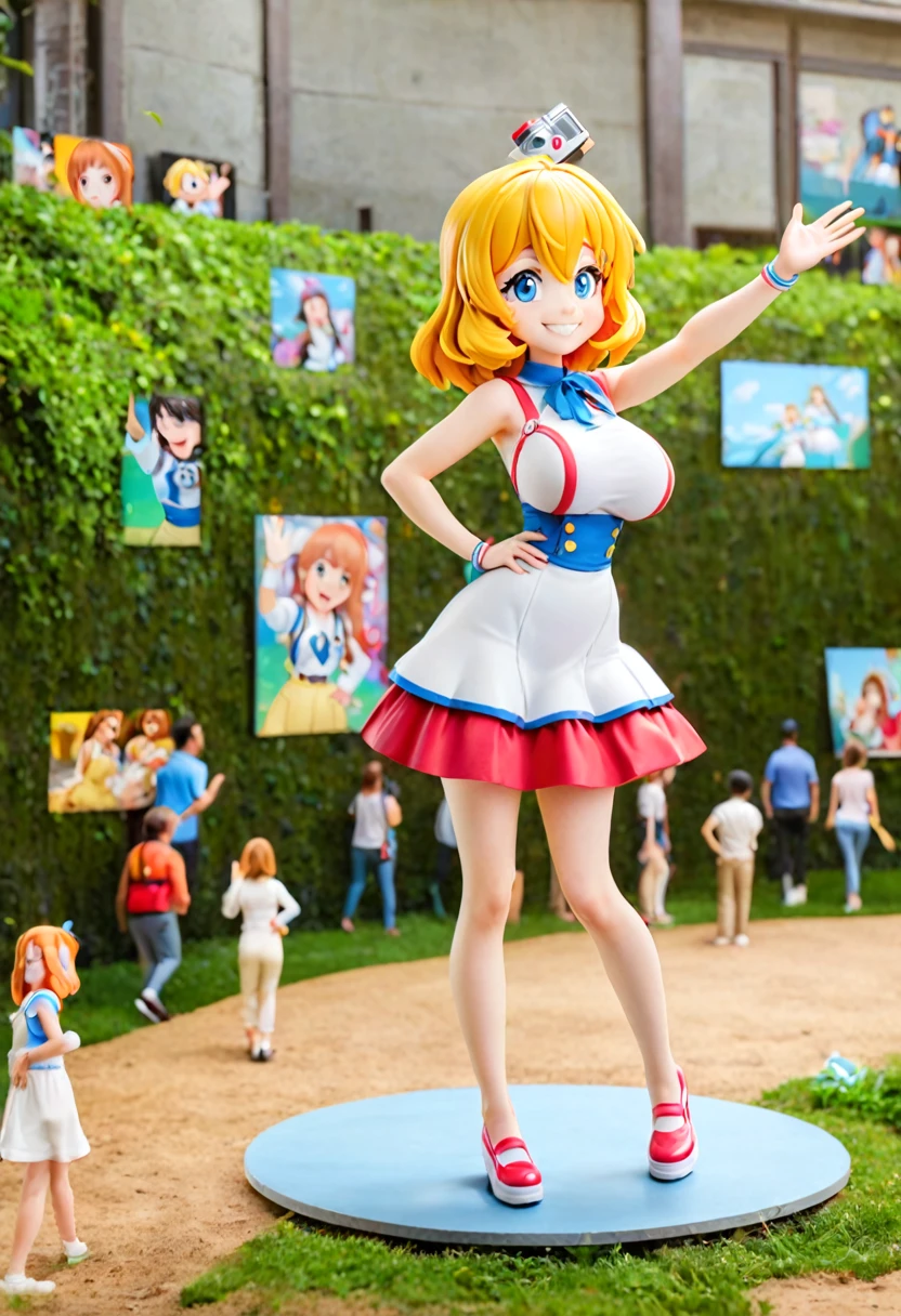 Cartoon 18 year old girl with big-boobs standing on the grass smile left hand wave in air right hand on hip， and bright blue/white eyes Camera shooting side view of people full body and pictrure