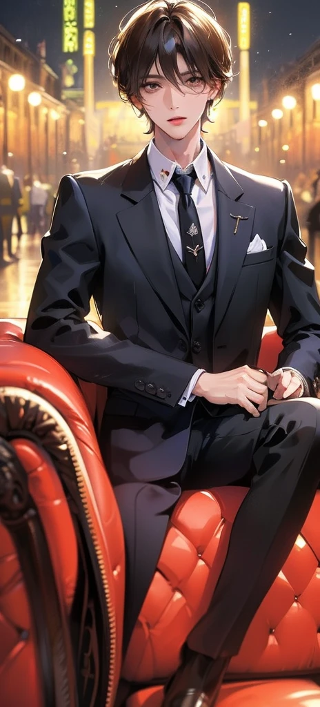 (absurd, high resolution, Extremely detailed, Practical, ), 1 male, Solitary, aldult, Mature, Tall muscular man, ,Sitting on the sofa,Cross-legged, Broad shoulders, Handsome, Very short hair, Black Hair, Brown eyes, Angle jaw, Thick neck, Thick eyebrows, night, dark, the night view of the city background, Formal suit, tie, Upper Body