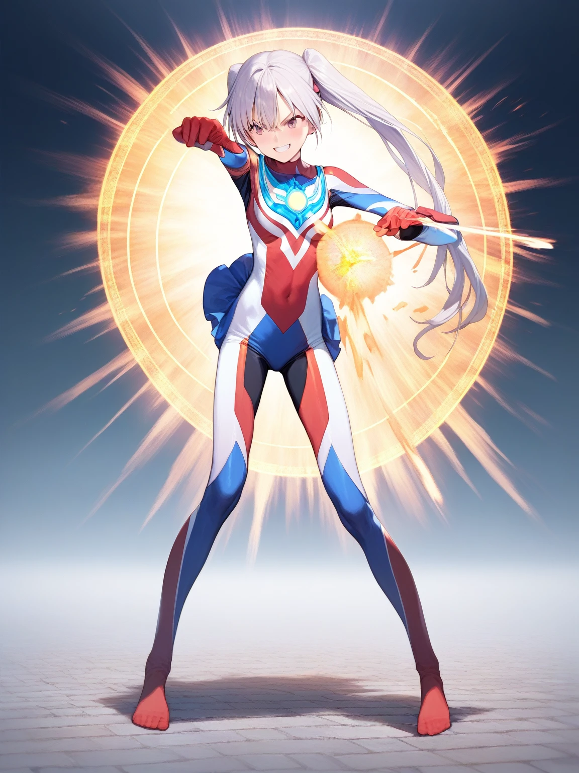 ((Full body photo,standing, feet on the ground))score_9, score_8_up, score_7_up, source_anime, anime artwork, all intricate, extremely detailed wallpaper, best quality, masterpiece,
BREAK
1girl, ultragirl, full body, fighting stance, standing, detailed multicolored bodysuit, grin, detailed background, buildings, dynamic, looking away, energy ball on hand, attacking,