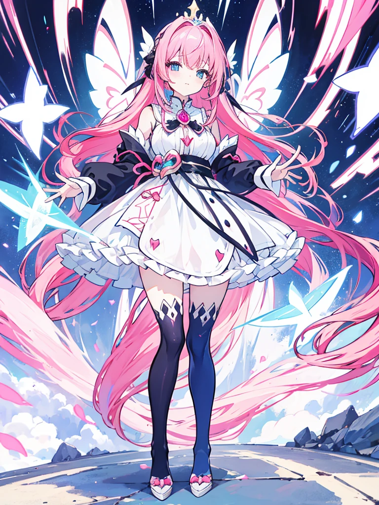fantasy world girl with colorful hair, accessories, detailed clothes, black tights, white and red clothes, pink hair, blue eyes 💙🩵💜🩷🖤✨🦋🪻🪷