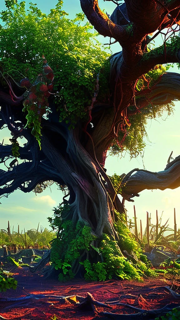 highly-detailed, epic battle between lush, overgrown plants and hordes of zombies, cinematic dramatic lighting, vibrant colors, surreal fantasy atmosphere, intricate organic textures, (best quality,4k,8k,highres,masterpiece:1.2),ultra-detailed,(realistic,photorealistic,photo-realistic:1.37),hyper-realistic, dramatic camera angle, gritty post-apocalyptic setting, twisted and gnarled tree roots, thick vines and creepers, decaying zombie flesh, glowing spores and bioluminescent fungi, intense action, dynamic composition, volumetric lighting, cinematic shading and rendering