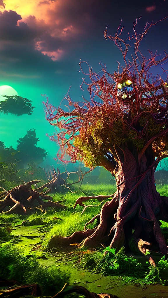 highly-detailed, epic battle between lush, overgrown plants and hordes of zombies, cinematic dramatic lighting, vibrant colors, surreal fantasy atmosphere, intricate organic textures, (best quality,4k,8k,highres,masterpiece:1.2),ultra-detailed,(realistic,photorealistic,photo-realistic:1.37),hyper-realistic, dramatic camera angle, gritty post-apocalyptic setting, twisted and gnarled tree roots, thick vines and creepers, decaying zombie flesh, glowing spores and bioluminescent fungi, intense action, dynamic composition, volumetric lighting, cinematic shading and rendering