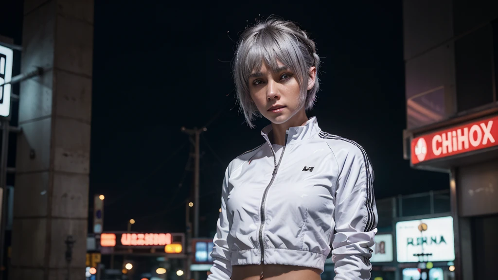 (ultrarealistic, high resolution, Best Quality, 4k, professional, cowboy shot), an image of a full character in a neon lit area, beauty eyes, sharp eyes. Your Asymmetrical Pixie Hairstyle, silver hair, short hair, And the left-facing bangs with red highlights make her stand out... in the fluorescent white jacket, fluorescent white short shirt and black shorts, Chinapunk, cryptic academy, album covers, urban landscape, light purple and white, Right now