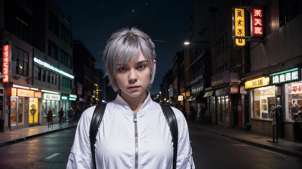 (ultrarealistic, high resolution, Best Quality, 4k, professional, cowboy shot), an image of a full character in a neon lit area, beauty eyes, sharp eyes. Your Asymmetrical Pixie Hairstyle, silver hair, short hair, And the left-facing bangs with red highlights make her stand out... in the fluorescent white jacket, fluorescent white short shirt and black shorts, Chinapunk, cryptic academy, album covers, urban landscape, light purple and white, Right now