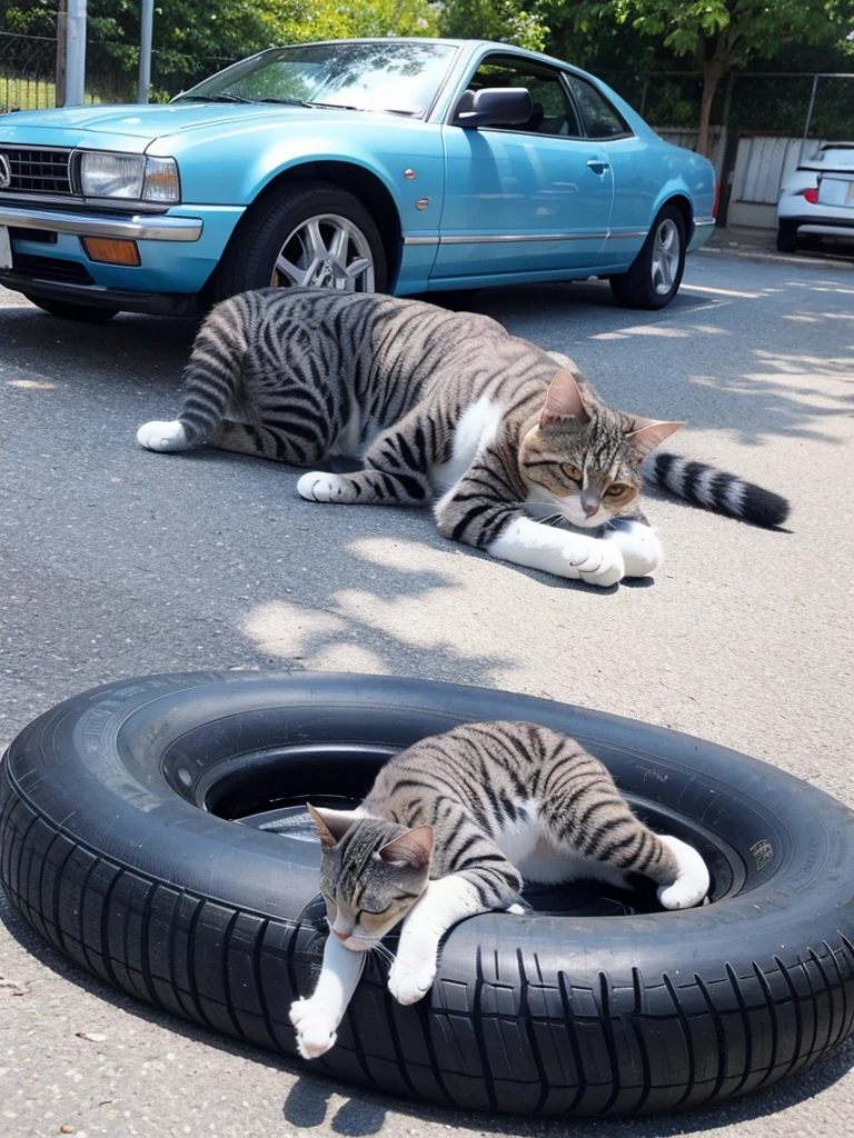 Parking scene with a sunny blue sky and a cat lying on the tire