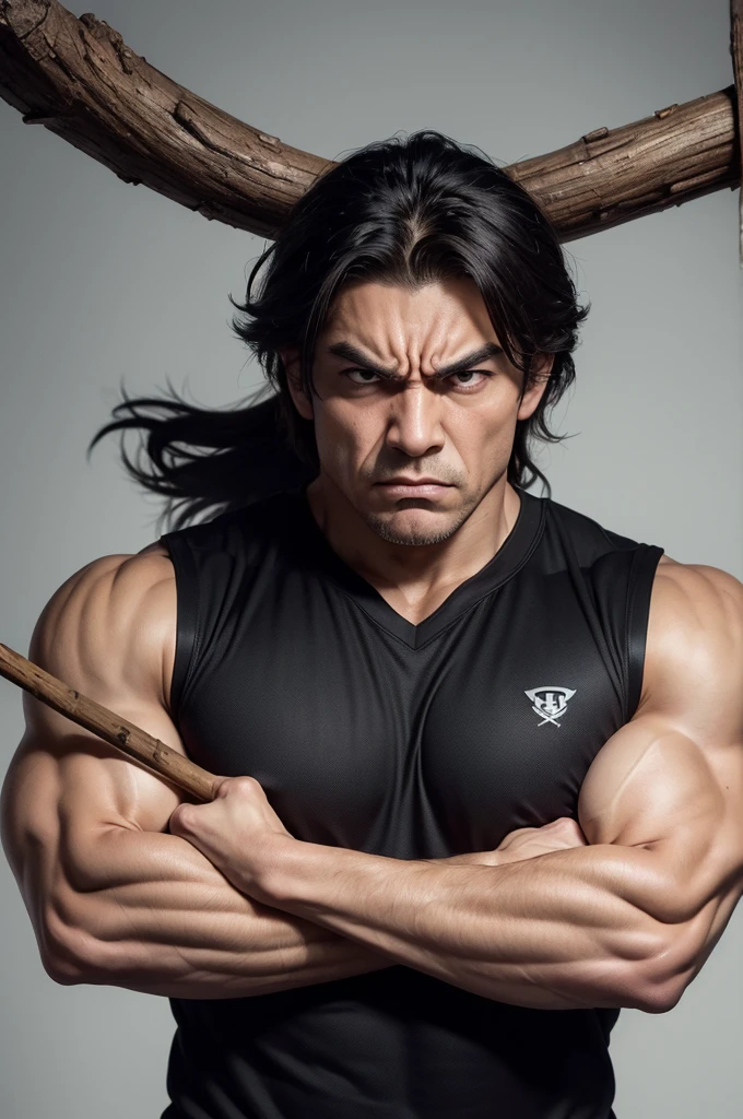 (((use image))), charachter (muscular), (with an angry face), no smile, (holding a wooden stick), (black jersey), less tight clothing, 