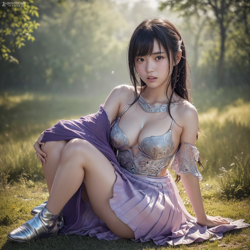 a beautiful japanese girl, very cute high school girl assassin, detailed portrait of innocent  virgin, in the withered meadow, off-shoulder silver breastplate, purple long maxi-skirt, purple arm cover, silver booties, (full body, plopping down to a sitting position, surrender:1.2), (blush, cry, open mouth:1.2), cold sweat, body soaked in sweat, translucent skin, tears streaming, beautiful small breasts and nipples, cleavage, glossy straight medium black hair, asymmetrical bangs,  ((best quality, 4k, 8k, highres, masterpiece, ultra-detailed, realistic, photorealistic, photo-realistic, intricate detail, highly realistic:1.3)), dramatic lighting, muted color palette, cinematic composition, emotional portrait