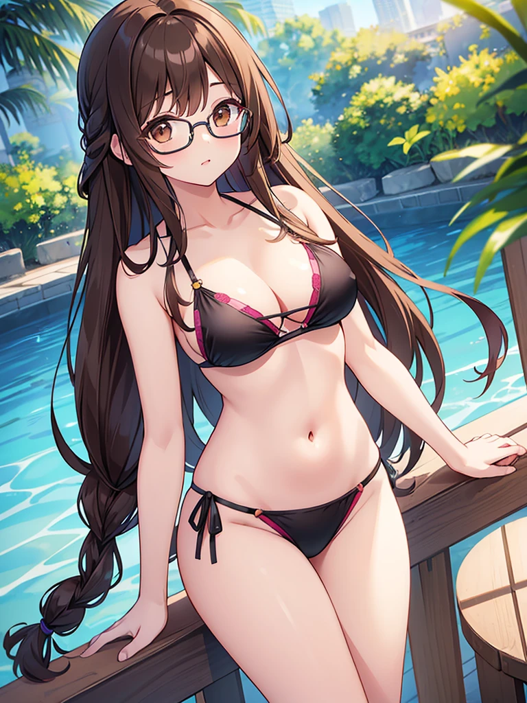 1 Female、Brown hair、Brown Eyes、Best Quality、Super detailed、8 Resolution、Raw photo、Mastepiece、Perfect Body、high resolution、Highest quality、Detailed drawing、Vibrant colors、lure、Long Hair、Black-rimmed glasses、Captivating breasts、Braid、bikini、Pool
