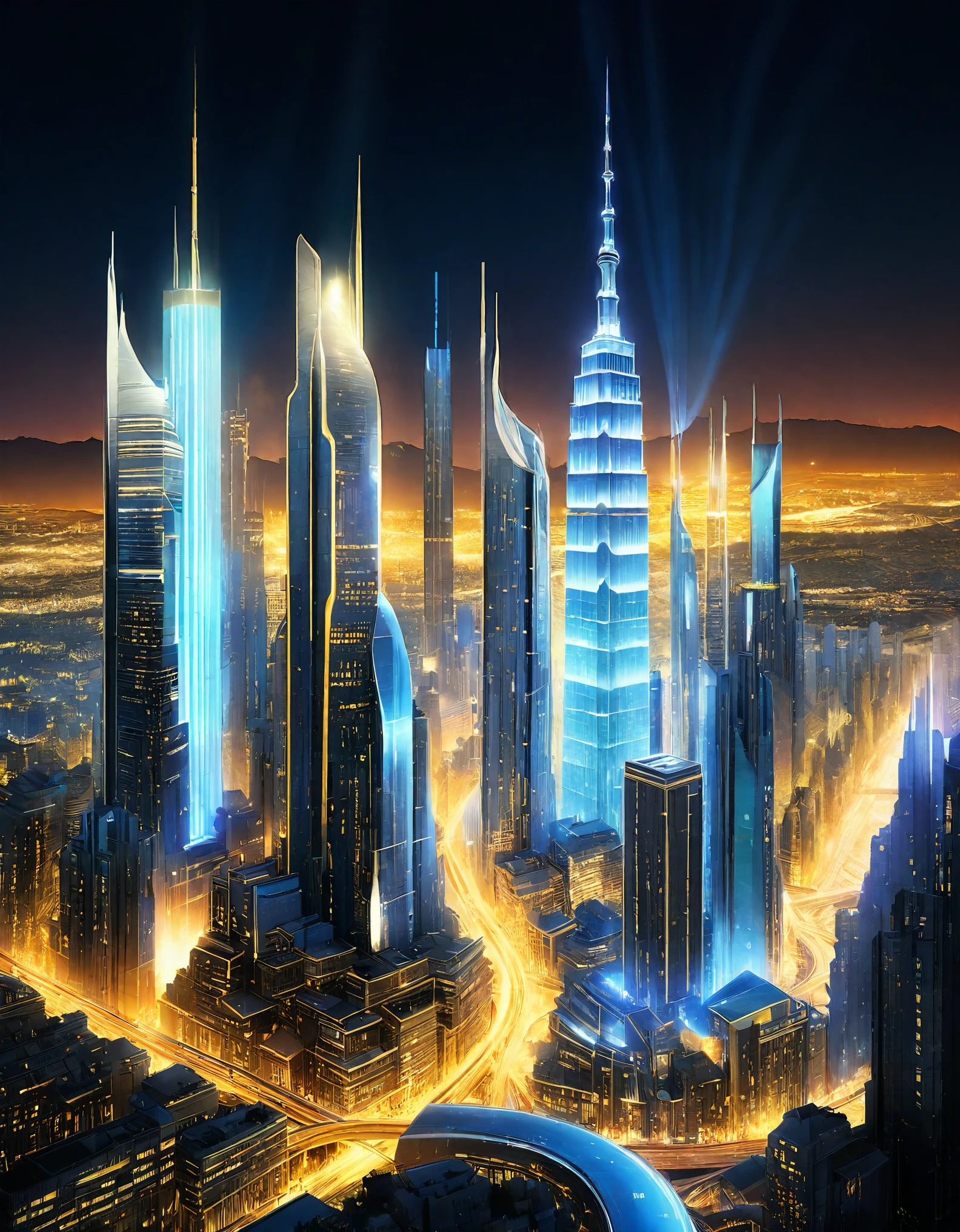 Generate a hyperrealistic 8K cityscape where buildings appear to be made of flowing energy, with vibrant light patterns and ethereal structures. ultra realistic, vibrants colors, 16k