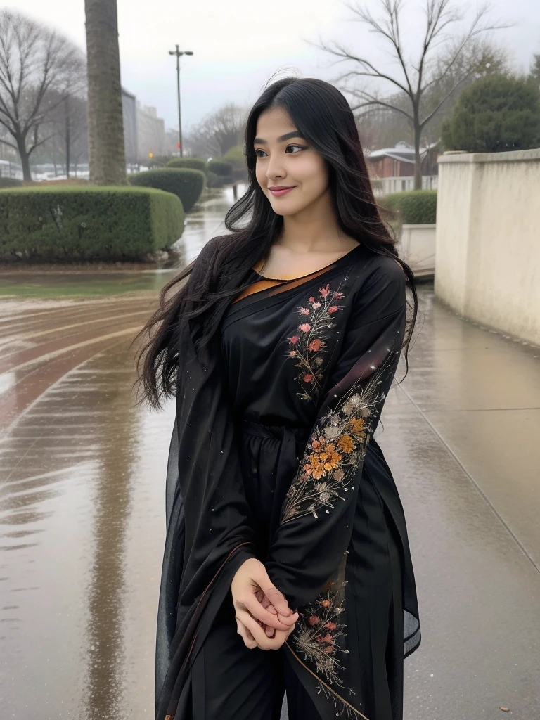 A young, attractive 18-year-old Instagram model is  gracefully in a picturesque winter setting. She has long, flowing black hair with vibrant, colorful streaks that catch the light and add a playful touch to her look. She's wearing a beautifully embroidered salwar kameez in rich, warm colors that stand out against the s background. Her movements are capturing the essence of youthful energy and joy. The scene is set in a charming rain with umbrella landscape with s falling snowflakes, adding a magical atmosphere to the image.