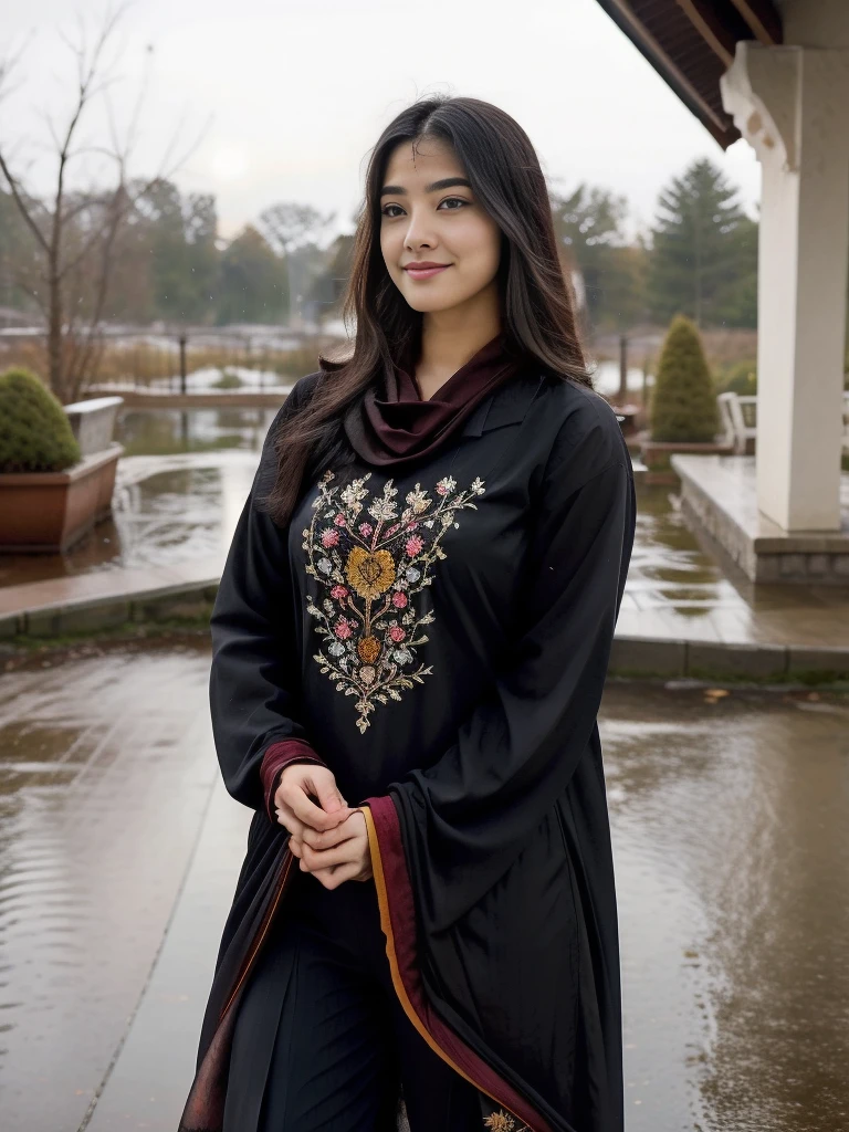 A young, attractive 18-year-old Instagram model is gracefully in a picturesque winter setting. She has long, flowing black hair with vibrant, colorful streaks that catch the light and add a playful touch to her look. She's wearing a beautifully embroidered salwar kameez in rich, warm colors that stand out against the s background. Her movements are capturing the essence of youthful energy and joy. The scene is set in a charming rain with umbrella landscape with s falling snowflakes, adding a magical atmosphere to the image.