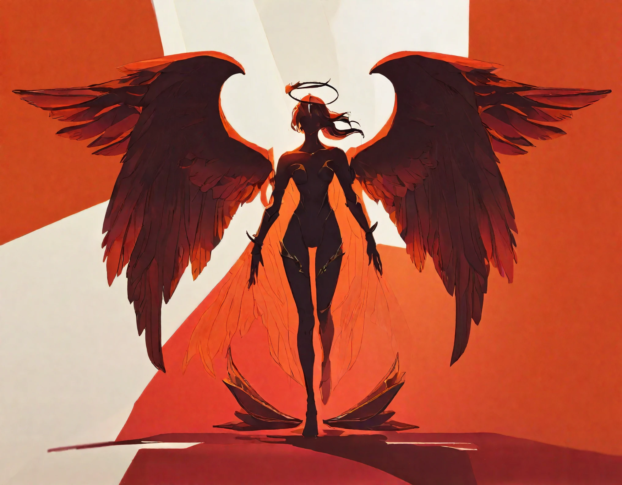 score_9, score_8_up, score_7_up, score_6_up, artstation
best aesthetic, pop art of a silhouette of an angel standing with their wings open, facing viewer, intense, red background, crisp, concise lines, low poly design, 