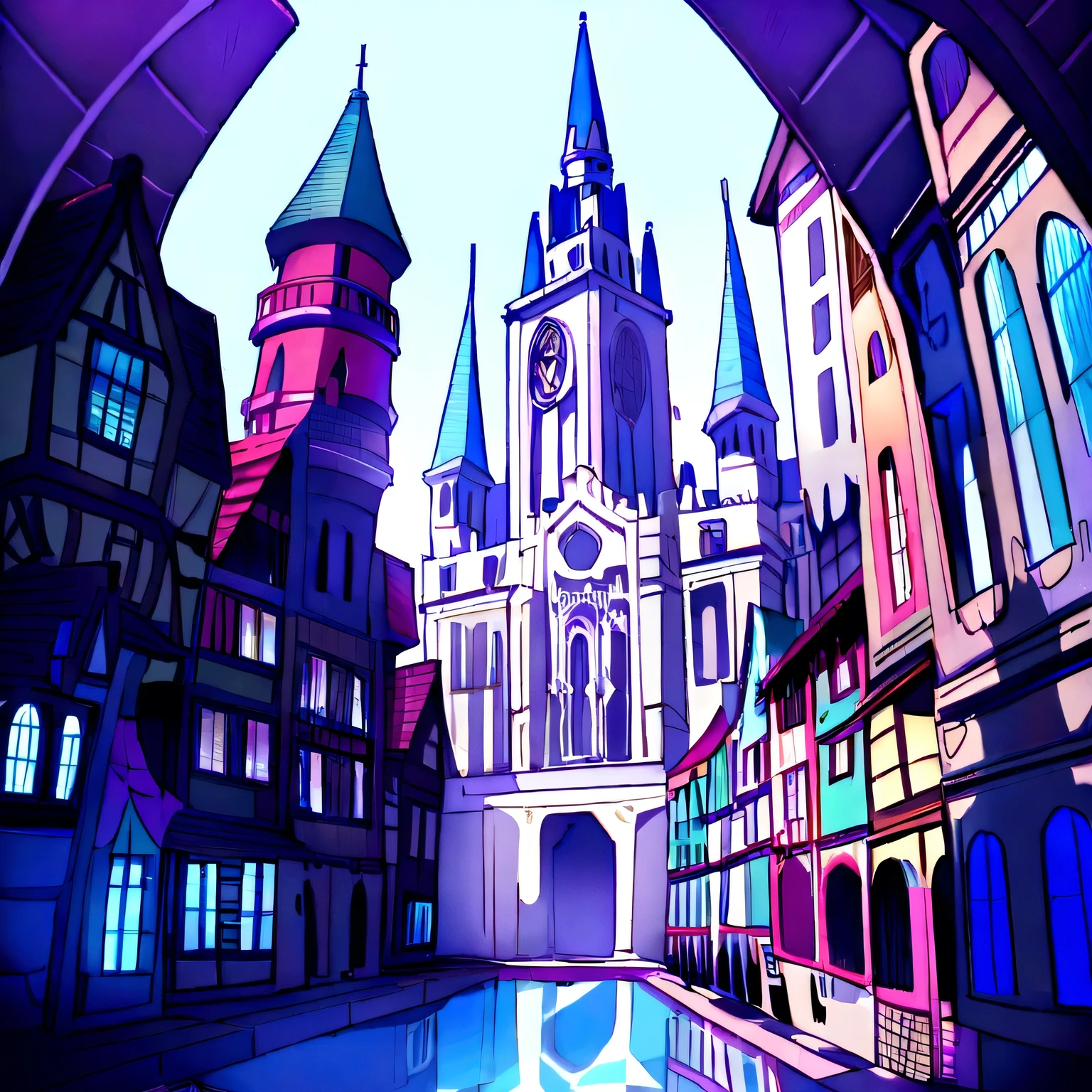 Create a scenario with a city with medieval and slightly futuristic buildings, use colors like purple, white and azure