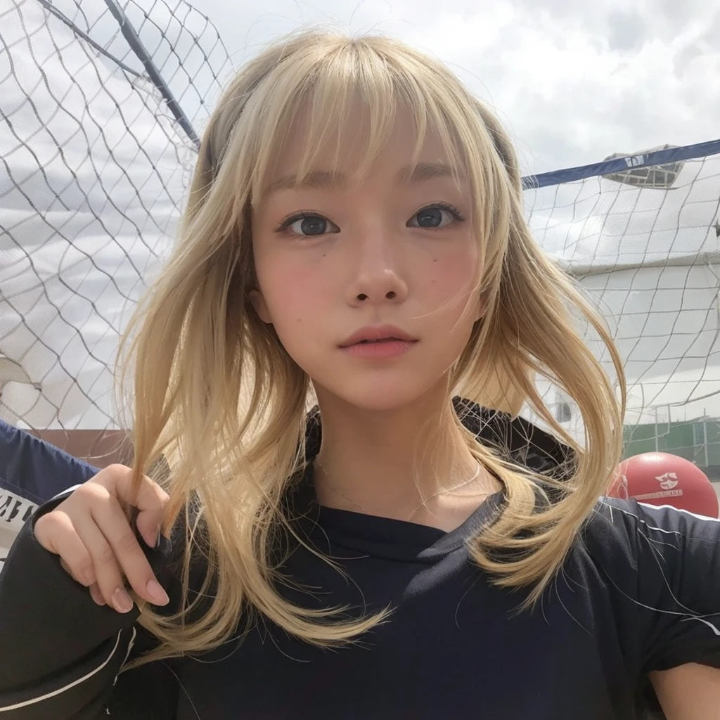Photographer taking photo of blonde teenager with high bangs playing volleyball in American high school prepared to serve the volleyball 