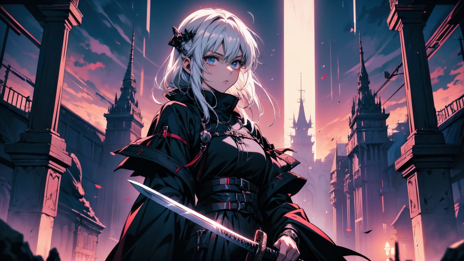 Close-up of a person holding a sword and katana, Gothic Maiden Anime Girl, Detailed Key Anime Art, From Arknights, Detailed Anime Character Art, With a big sword, White-haired God, Gap Moe Yandere Grimdark, Automated Kidney, In a dress, blackいドレスを着たアニメの女の子, black, Fate-like anime style/Stay Night