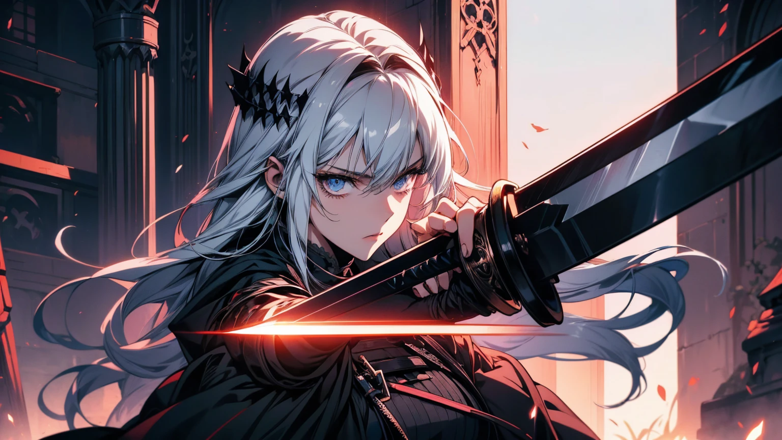 Close-up of a person holding a sword and katana, Gothic Maiden Anime Girl, Detailed Key Anime Art, From Arknights, Detailed Anime Character Art, With a big sword, White-haired God, Gap Moe Yandere Grimdark, Automated Kidney, In a dress, blackいドレスを着たアニメの女の子, black, Fate-like anime style/Stay Night