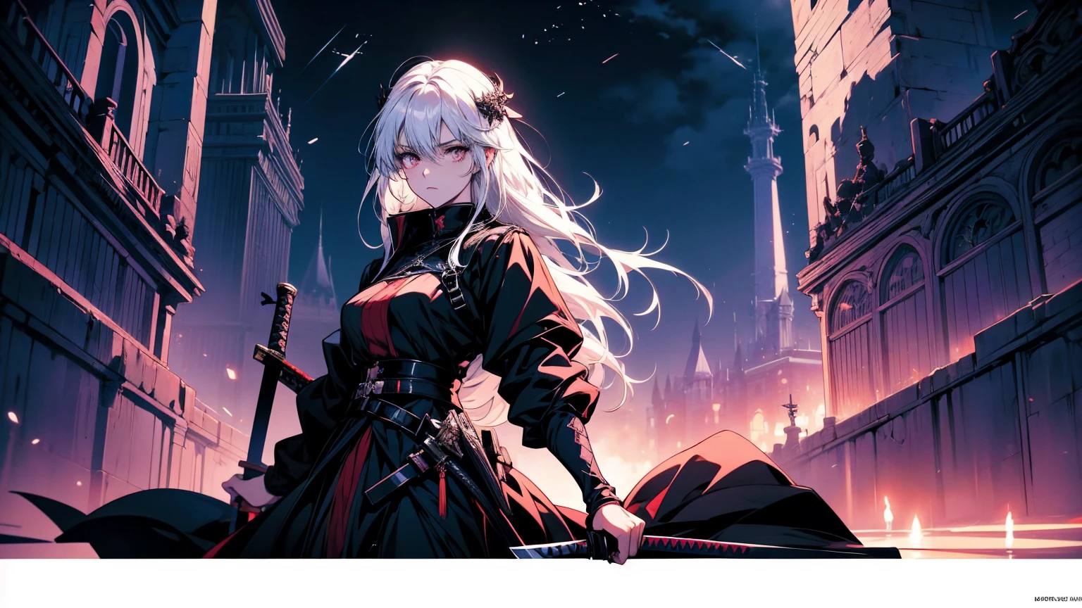 Close-up of a person holding a sword and katana, Gothic Maiden Anime Girl, Detailed Key Anime Art, From Arknights, Detailed Anime Character Art, With a big sword, White-haired God, Gap Moe Yandere Grimdark, Automated Kidney, In a dress, blackいドレスを着たアニメの女の子, black, Fate-like anime style/Stay Night