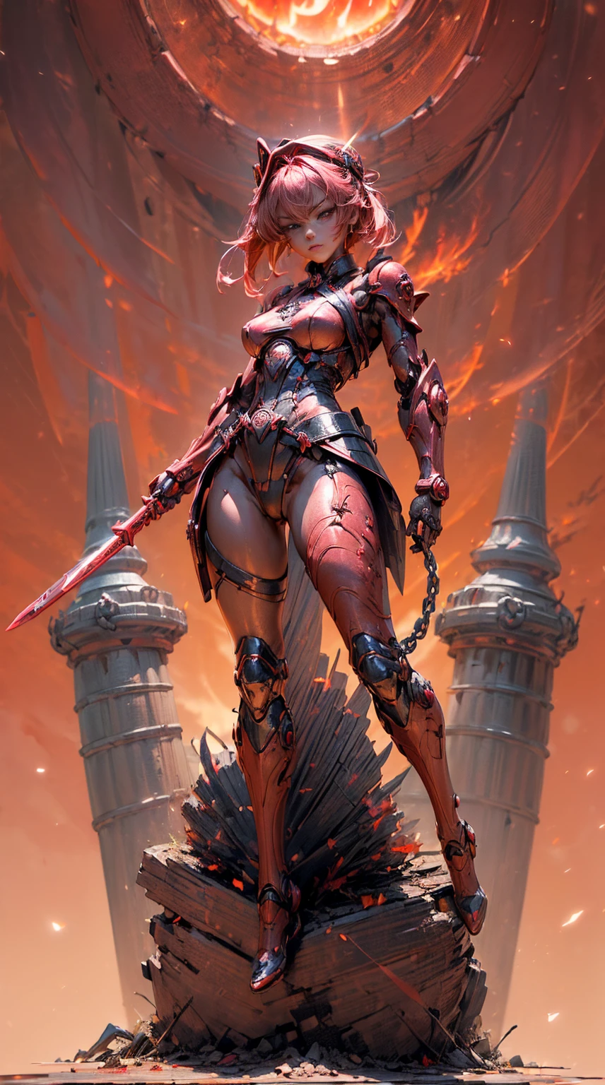(Tabletop, extremely detailed, Heavy wicks, hard surface), (conceptual art:1.1), (Shielded core style:0.8), A woman in robo ninja armor is standing, (red body:1.1), (long legs:1.1), (Equipped with saber and chain.:1.1), (A detailed eye:1.3), (A detailed face:1.3), (Detailed weapons:1.3), (detailed body:1.3), ((full bodybian:1.5)), (The background is a crimson flame.:1.5), realist