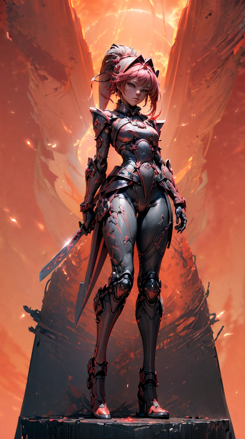 (Tabletop, extremely detailed, Heavy wicks, hard surface), (conceptual art:1.1), (Shielded core style:0.8), A woman in robo ninja armor is standing, (red body:1.1), (long legs:1.1), (Equipped with saber and chain.:1.1), (A detailed eye:1.3), (A detailed face:1.3), (Detailed weapons:1.3), (detailed body:1.3), ((full bodybian:1.5)), (The background is a crimson flame.:1.5), realist