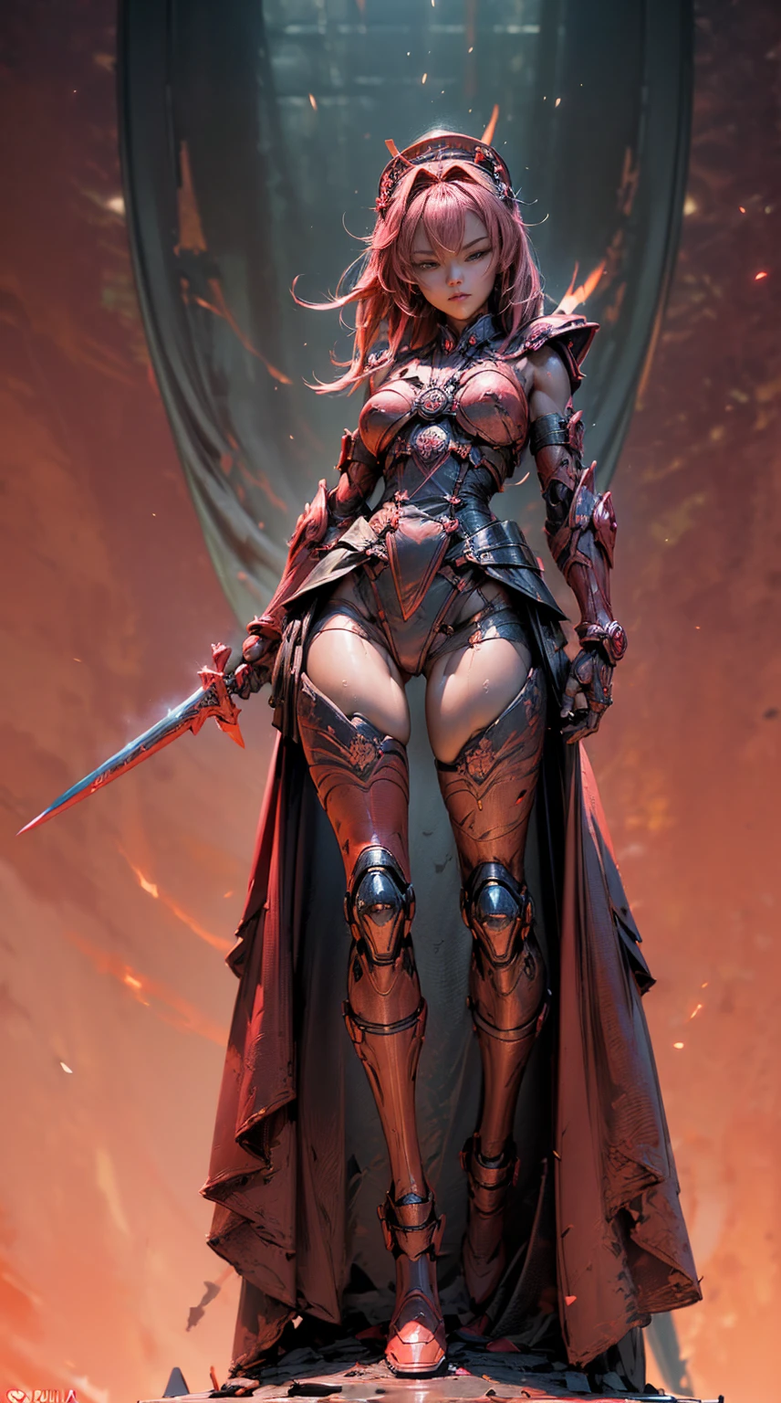 (Tabletop, extremely detailed, Heavy wicks, hard surface), (conceptual art:1.1), (Shielded core style:0.8), A woman in robo ninja armor is standing, (red body:1.1), (long legs:1.1), (Equipped with saber and chain.:1.1), (A detailed eye:1.3), (A detailed face:1.3), (Detailed weapons:1.3), (detailed body:1.3), ((full bodybian:1.5)), (The background is a crimson flame.:1.5), realist