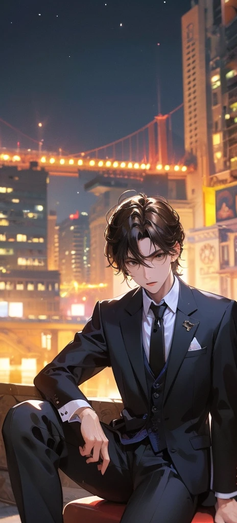 (absurd, high resolution, Extremely detailed, Practical, ), 1 male, Solitary, aldult, Mature, Tall muscular man, ,Sitting on the sofa,Cross-legged, Broad shoulders, Handsome, Very short hair, Black Hair, Brown eyes, Angle jaw, Thick neck, Thick eyebrows, night, dark, the night view of the city background, Formal suit, tie, Upper Body