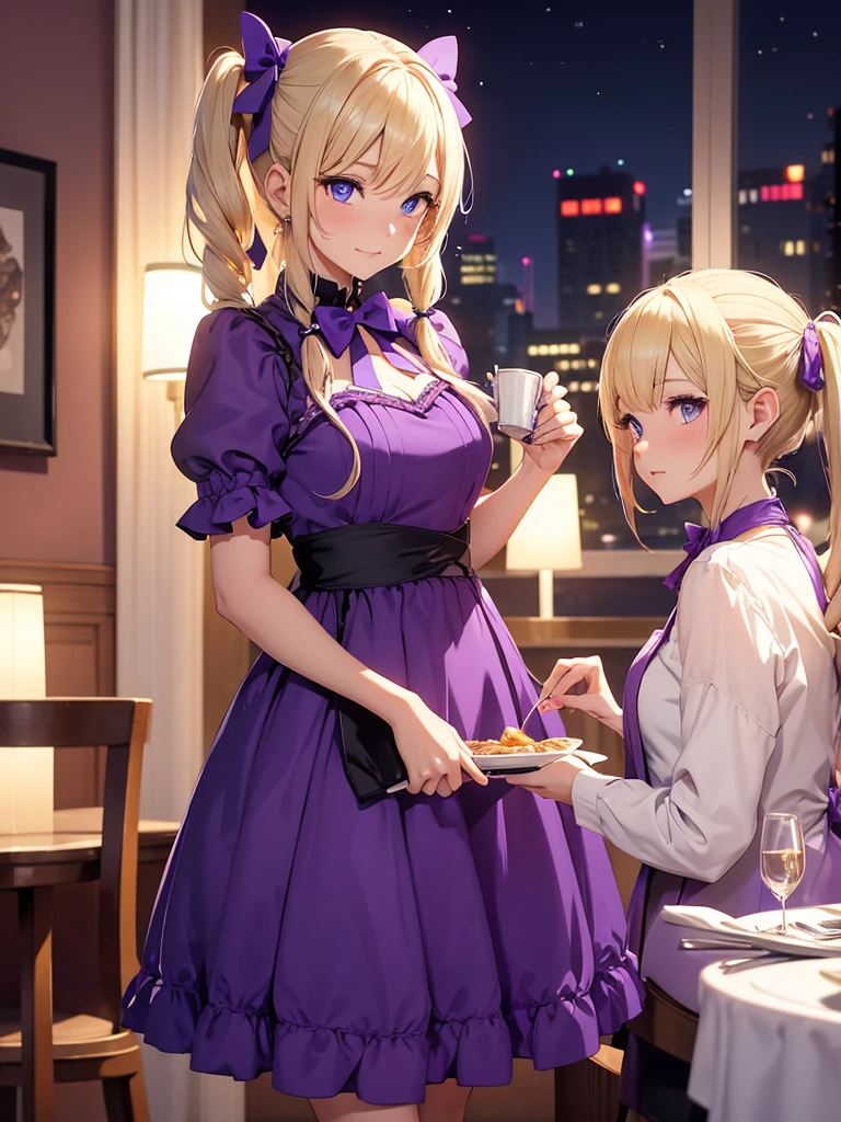 an adult woman, blonde with two pigtails with a purple bow each, purple dress with glitter, short and gala, with an opening in its pirrna, she has blue eyes, is at a late night dinner in a wealthy place
