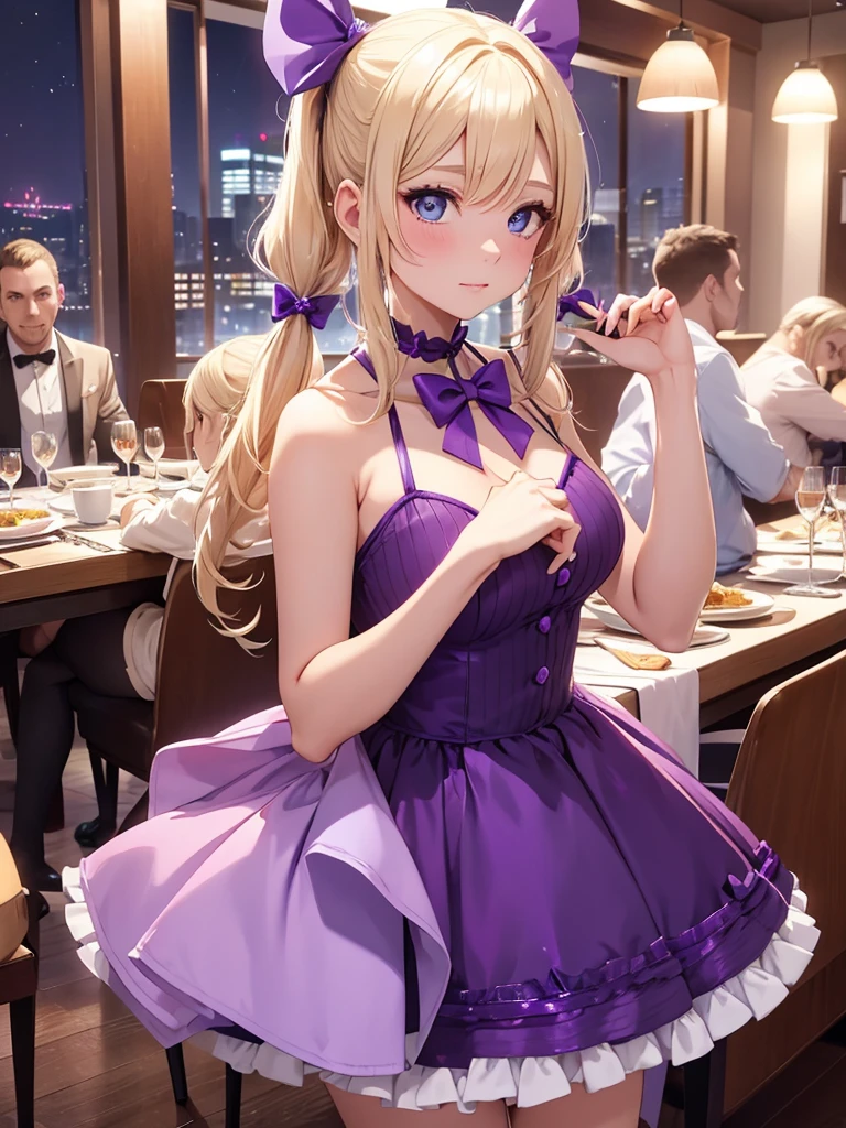 an adult woman, blonde with two pigtails with a purple bow each, purple dress with glitter, short and gala, with an opening in its pirrna, she has blue eyes, is at a late night dinner in a wealthy place