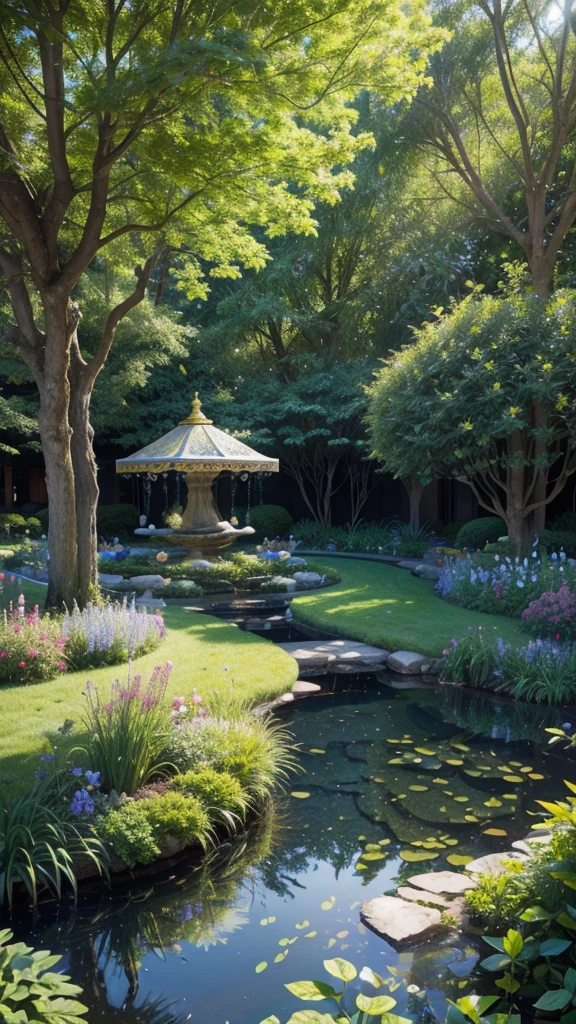 Create an image of a mystical garden where every plant, flower and tree represents an idea or concept that stimulates creativity and wisdom. Colors must be vibrant, varying between shades of blue, green and gold, reflecting the tranquility and splendor of knowledge. No centro do jardim, place a light source that emanates soft, golden light, symbolizing the source of inspiration. Add magical elements, like floating books, birds with bright feathers and winding paths made of light. The atmosphere should be serene and charming, inviting the viewer to explore and discover new ideas, following this concept, place a person more in the center of the path, the person&#39;s characteristics are to be older with a cloak over them and the luminosity transforms into something similar to the shine of the person&#39;s feet
