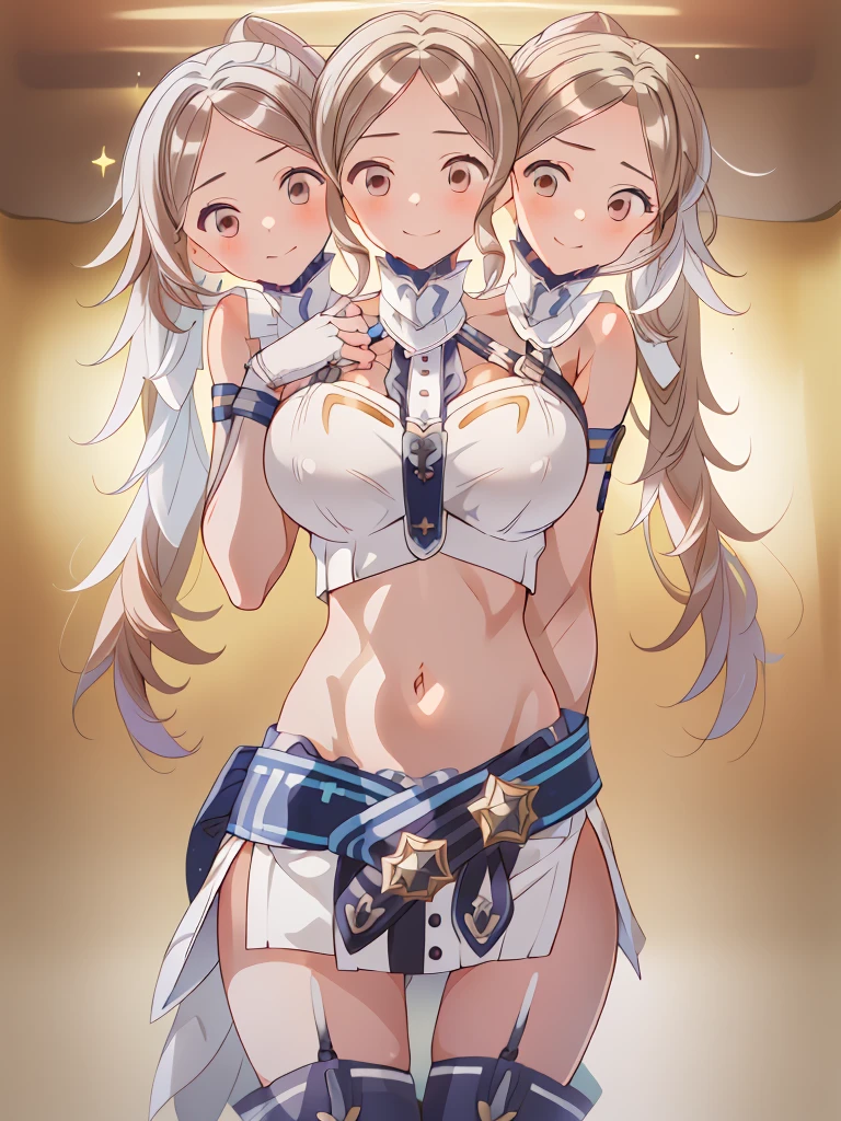 (masterpiece, best quality), best resolution, (3heads:1.5), 1girl, brown hair, pigtails, smiling, soft smile, open belly, white crop top, white miniskirt, gloves, open breasts, huge tits, sexy pose, beautiful eyes, golden-browneyes, alluring presence, beautiful eyes, very detailed eyes, slender body, adult form, 