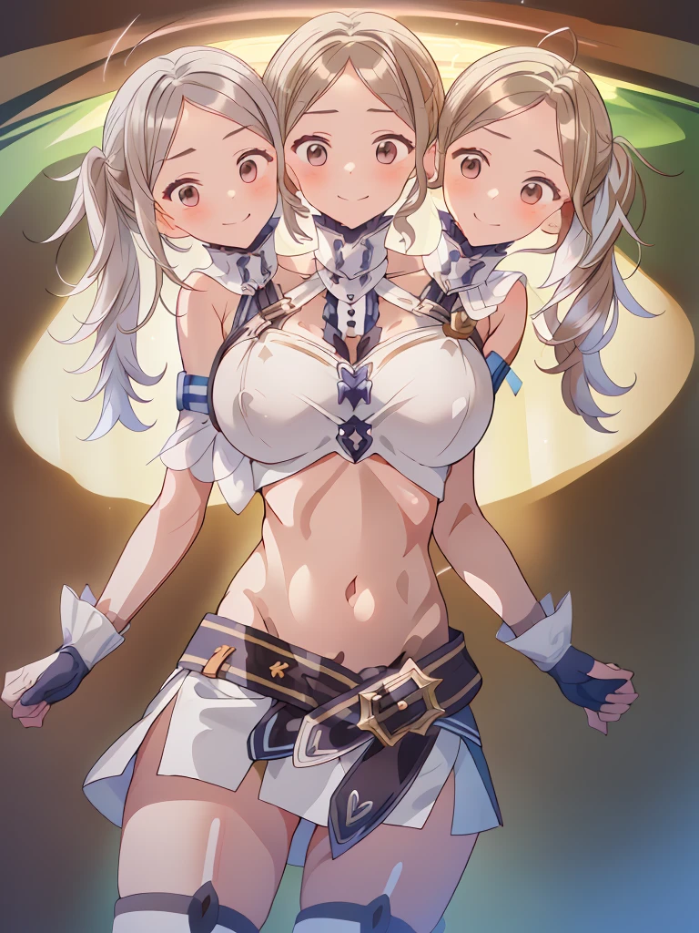 (masterpiece, best quality), best resolution, (3heads:1.5), 1girl, brown hair, pigtails, smiling, soft smile, open belly, white crop top, white miniskirt, gloves, open breasts, huge tits, sexy pose, beautiful eyes, golden-browneyes, alluring presence, beautiful eyes, very detailed eyes, slender body, adult form,