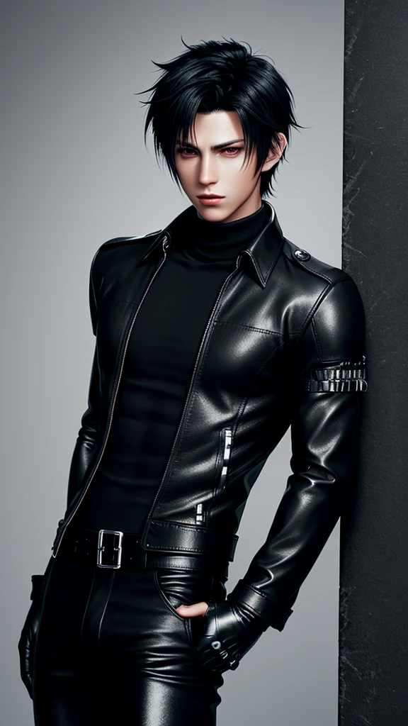 Final fantasy taste and reality graphics, Japanese young cute and cool ikemen boy, his age is early 20s, thin eyebrows and beady eyes, he wearing off black color leather thick singlebrest biker jacket, with epaulet, must close the front of the leather jacket, jacket is biker style, jacket is voluminous, , jacket collar is high length stand-up collar with belts, jacket is a little black line pattern,close the front of the jacket, also wearing black thick turtleneck lackluster shirts, tight black leather pants, shiny black leather tight and thin glove, black leather knee-high raceup boots,must views head-to-toe,must views whole body, boy looks like fashion model,Do not show skin from the neck down,leather jacket leather glove and leather pants have few wrinkles,boy in the room,