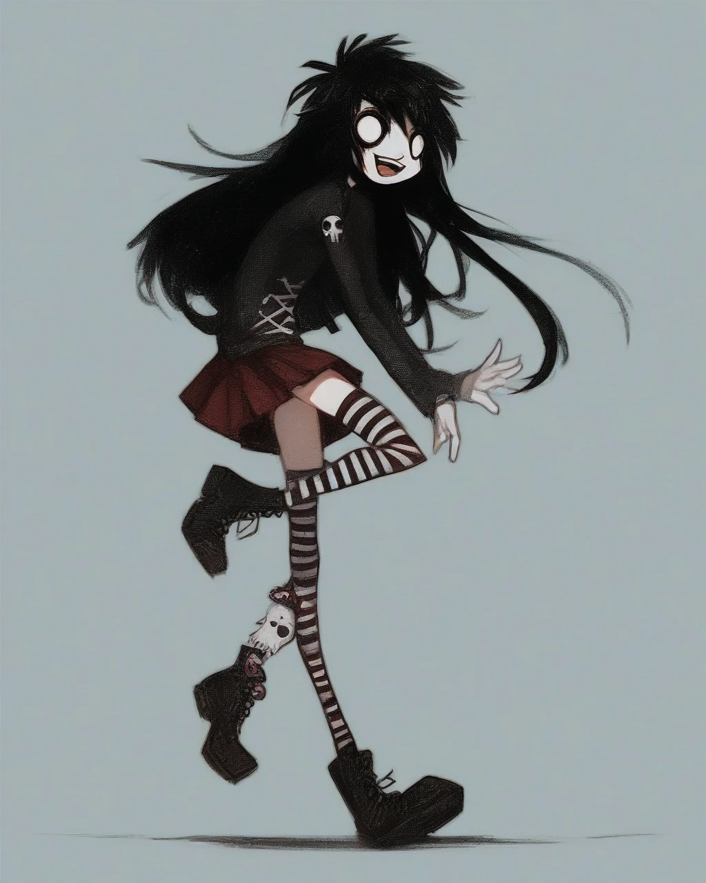 score_9, score_8_up, score_7_up, score_6_up, score_5_up, score_4_up, 2000s emo, solo, long hair, humanoid, female, black hair, smile, solo, clothing, skirt, 1girl, :3, full body, striped clothing, hair, standing, boots, mammal, striped thighhighs, simple background, open mouth, o_o, standing on one leg 