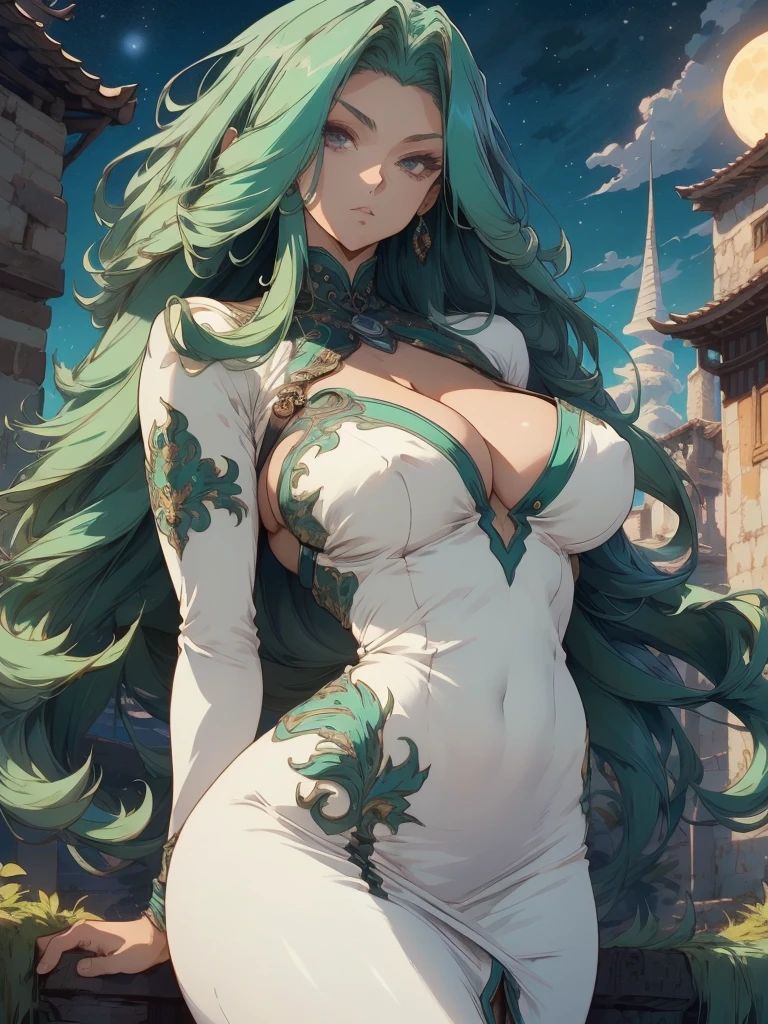 a beautiful anime goddess with long flowing green hair, wearing a short white dress, with an intricate and breathtaking design, her large breasts and wide hips accentuated, an alluring and captivating key anime look, set against a vibrant moonlit backdrop, highly detailed, sharp focus, masterpiece, 8k, photorealistic, professional, physically-based rendering, extreme detail description