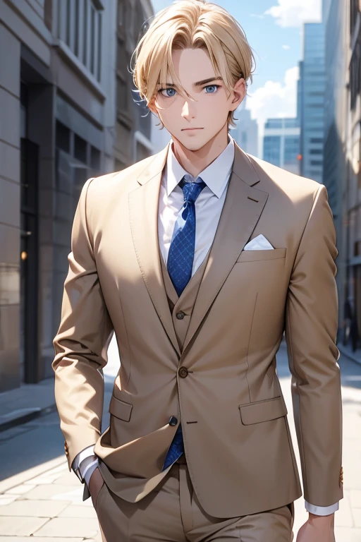 Businessman in light brown suit, athletic, blonde hair, blue eyes